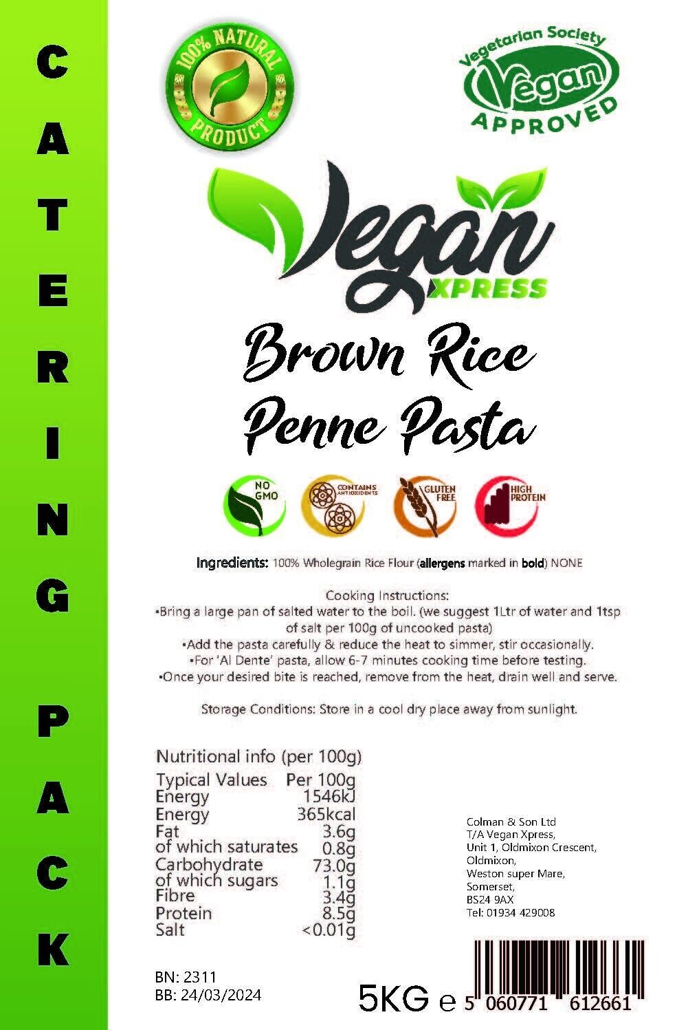 Vegan Xpress Brown Rice Penne Pasta 5kg